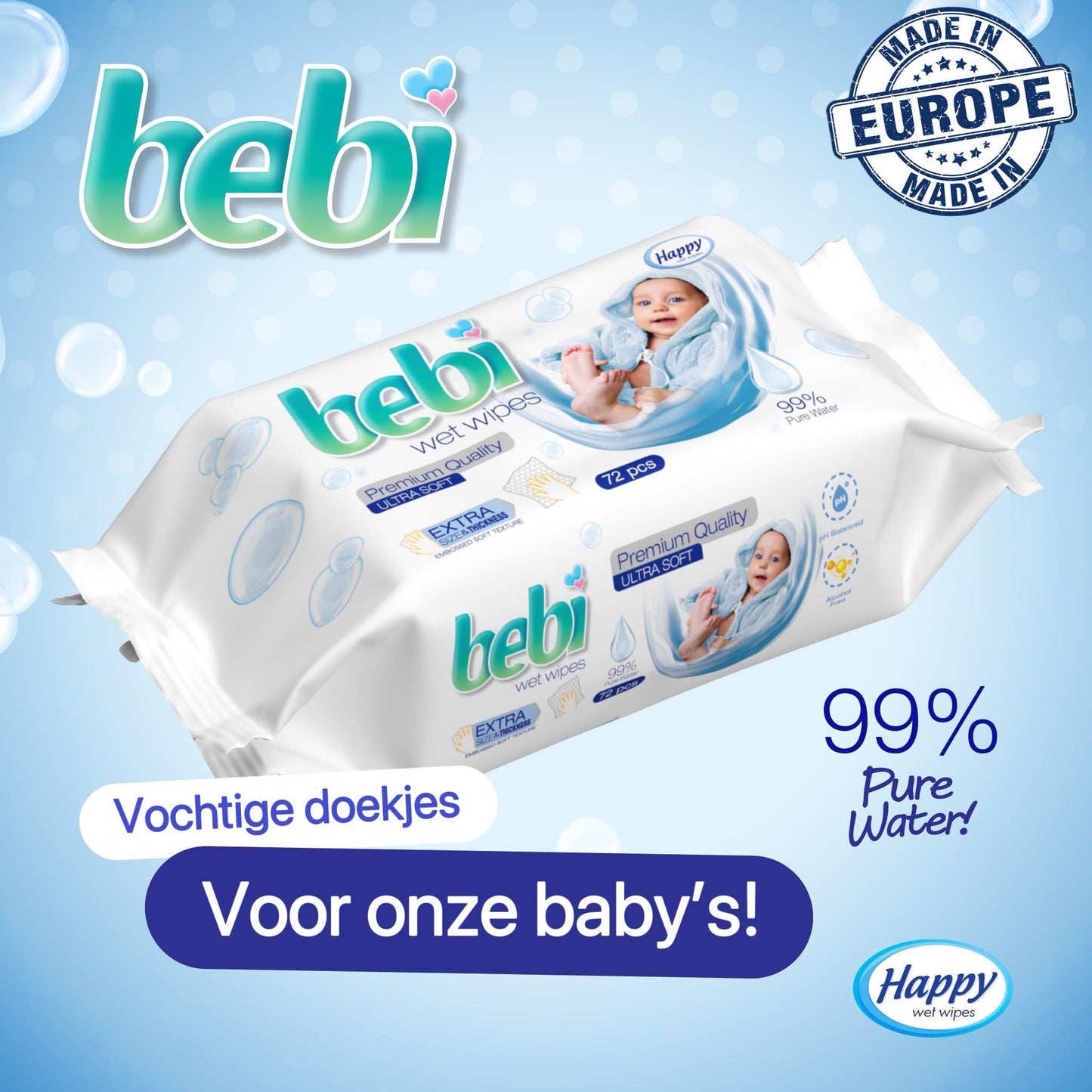 Babydoekjes - 6 x 72 stuks (totaal 432 vochtige doekjes) | 99% pure waterwipes