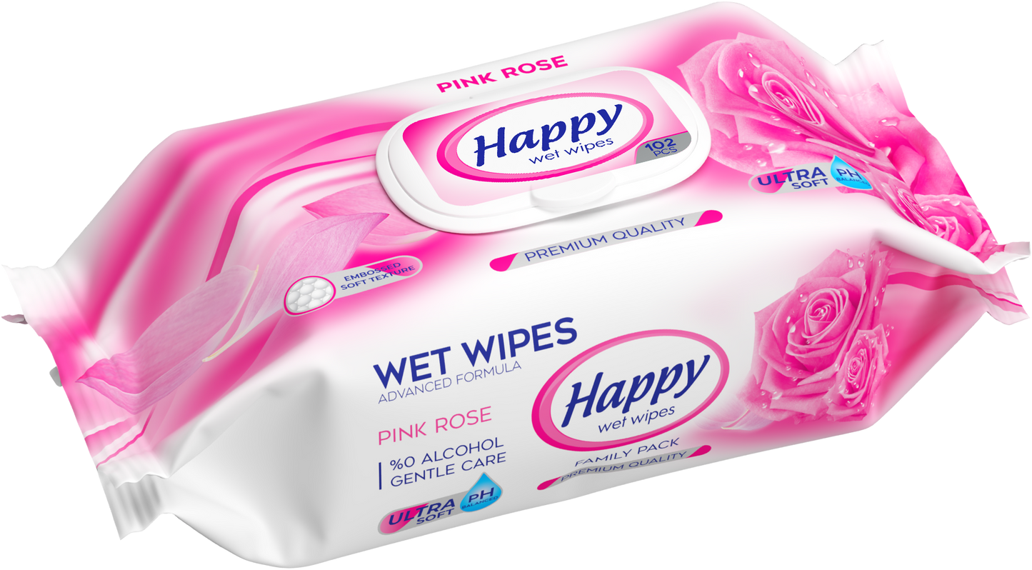 Pink Rose vochtige doekjes - 3 x 102 stuks (totaal 306 vochtige doekjes) | Reliëf doekjes